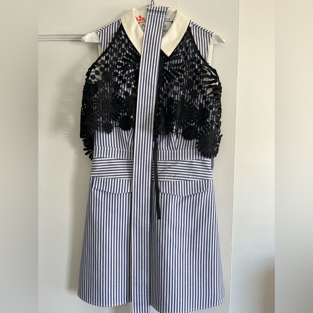 Self-Portrait Striped Dress with Black Lace Overlay